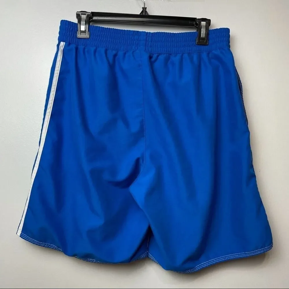 Adidas Solid Royal Blue White Track Stripes Swim Trunks w/ Pockets Drawstring L
